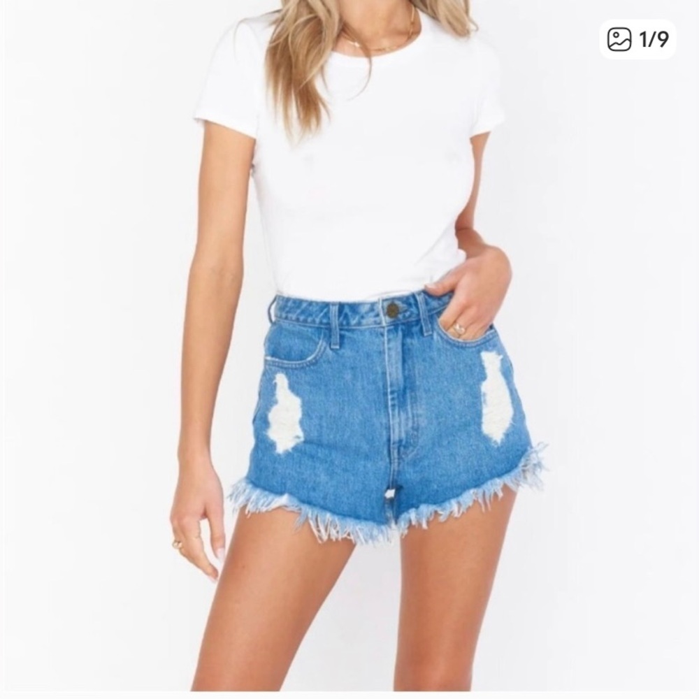 Show Me Your Mumu Blue Distressed Denim Jean Shorts